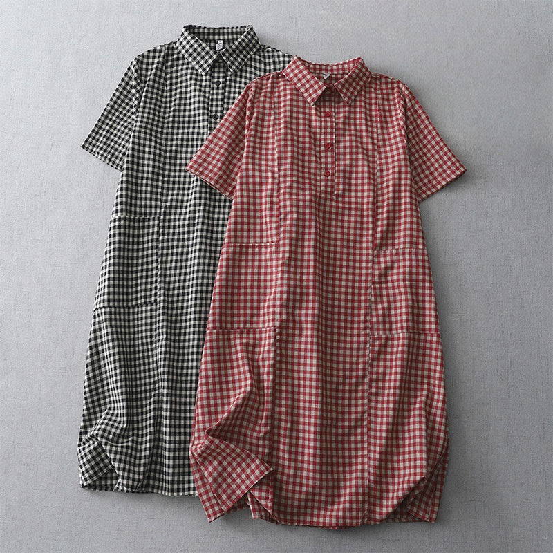 Buddha Stones Lässiges Midikleid aus Baumwolle mit Vintage-Karomuster, Revers und kurzen Ärmeln und Taschen - image 15