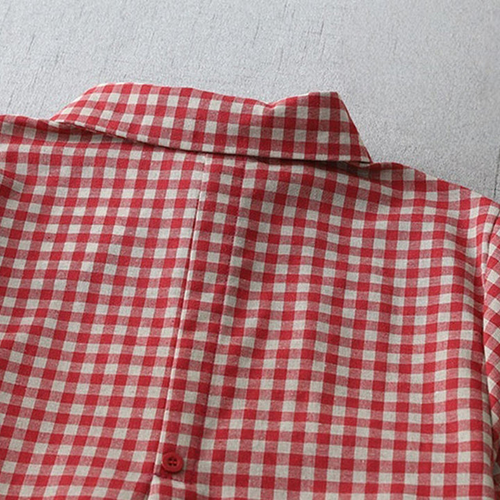 Buddha Stones Lässiges Midikleid aus Baumwolle mit Vintage-Karomuster, Revers und kurzen Ärmeln und Taschen - image 9