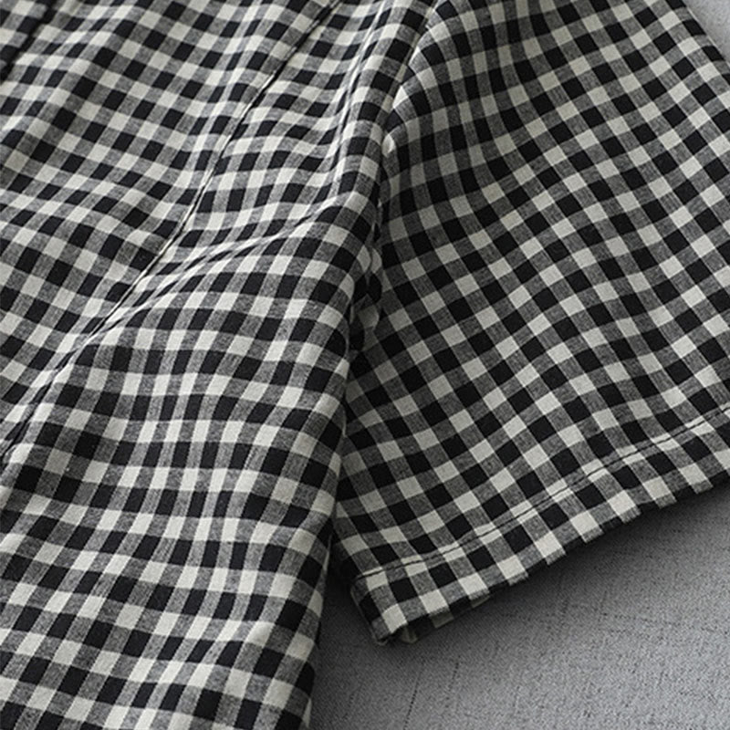 Buddha Stones Lässiges Midikleid aus Baumwolle mit Vintage-Karomuster, Revers und kurzen Ärmeln und Taschen