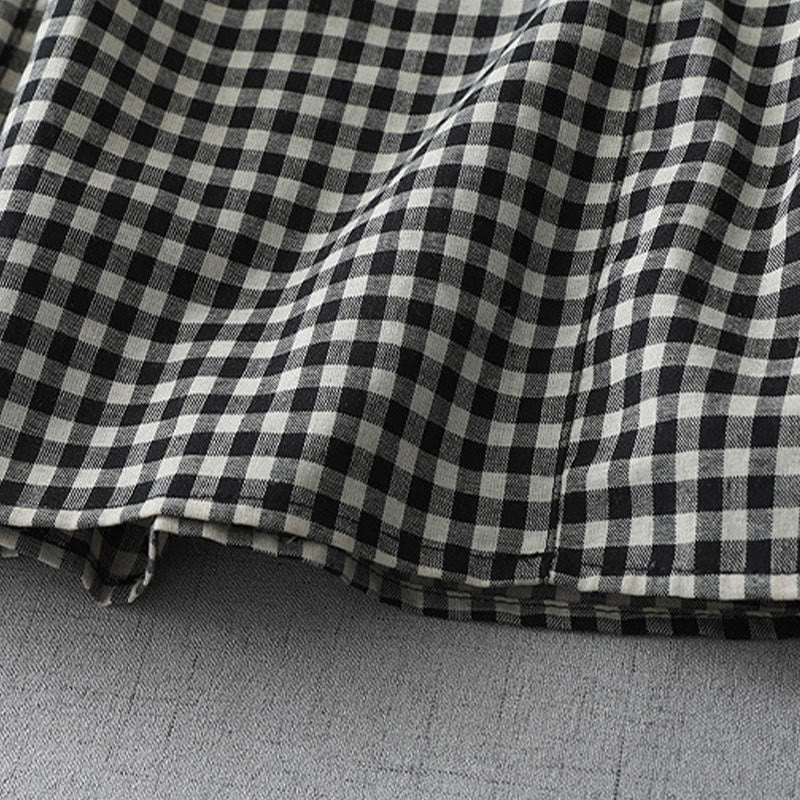 Buddha Stones Lässiges Midikleid aus Baumwolle mit Vintage-Karomuster, Revers und kurzen Ärmeln und Taschen - image 5