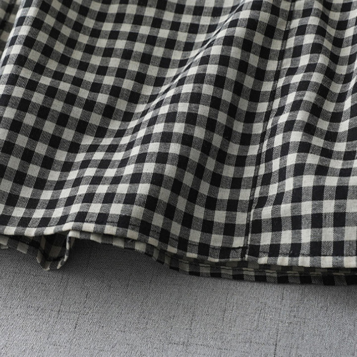 Buddha Stones Lässiges Midikleid aus Baumwolle mit Vintage-Karomuster, Revers und kurzen Ärmeln und Taschen - image 5