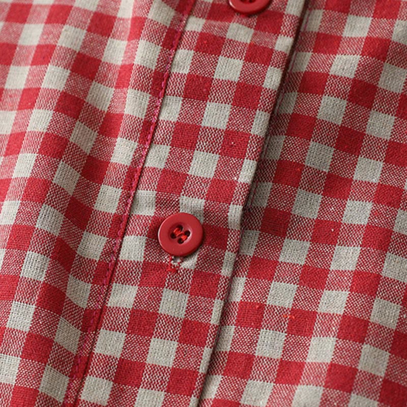 Buddha Stones Lässiges Midikleid aus Baumwolle mit Vintage-Karomuster, Revers und kurzen Ärmeln und Taschen - image 11