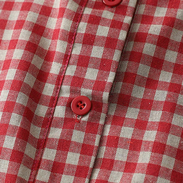 Buddha Stones Lässiges Midikleid aus Baumwolle mit Vintage-Karomuster, Revers und kurzen Ärmeln und Taschen - image 11