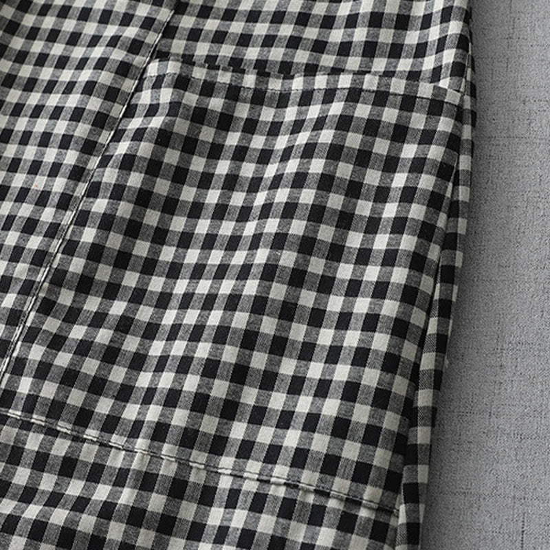 Buddha Stones Lässiges Midikleid aus Baumwolle mit Vintage-Karomuster, Revers und kurzen Ärmeln und Taschen