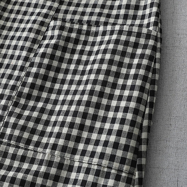 Buddha Stones Lässiges Midikleid aus Baumwolle mit Vintage-Karomuster, Revers und kurzen Ärmeln und Taschen