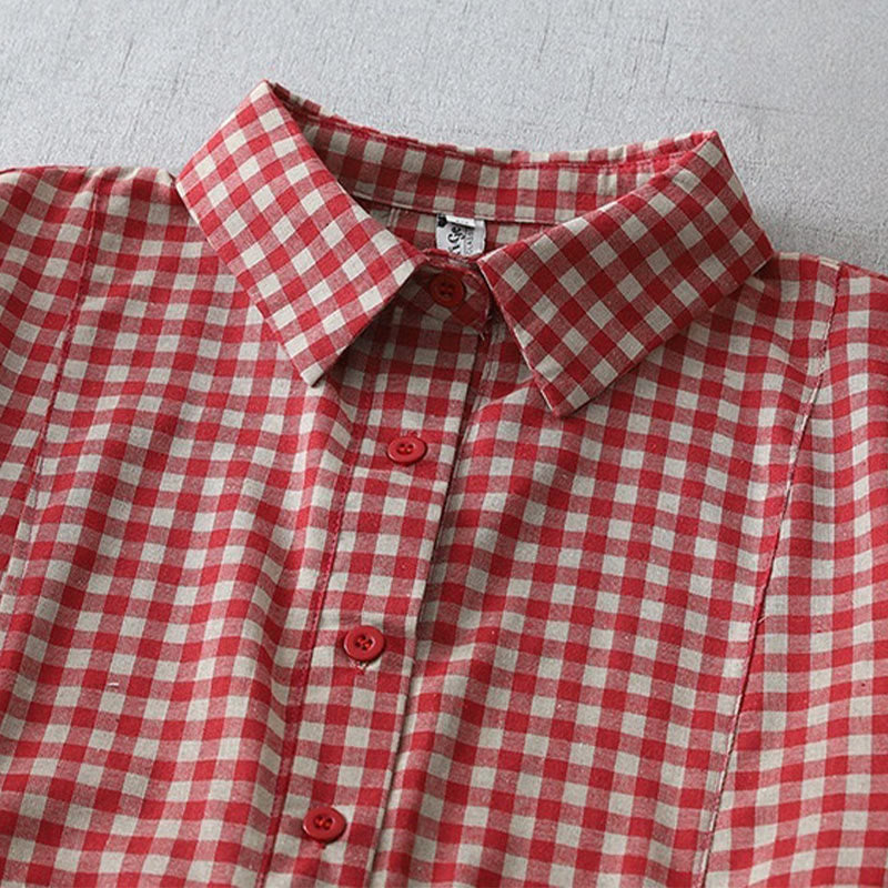 Buddha Stones Lässiges Midikleid aus Baumwolle mit Vintage-Karomuster, Revers und kurzen Ärmeln und Taschen - image 8