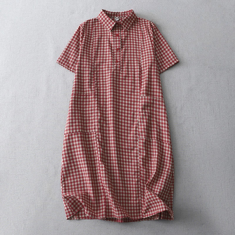 Buddha Stones Lässiges Midikleid aus Baumwolle mit Vintage-Karomuster, Revers und kurzen Ärmeln und Taschen - Purpurrot - US 8-10, UK/AU 12-14, EU 40-42 (2XL) - image 6