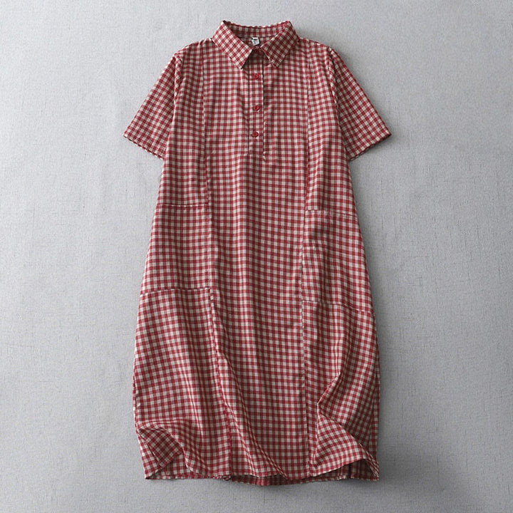 Buddha Stones Lässiges Midikleid aus Baumwolle mit Vintage-Karomuster, Revers und kurzen Ärmeln und Taschen - Purpurrot - US 8-10, UK/AU 12-14, EU 40-42 (2XL) - image 6