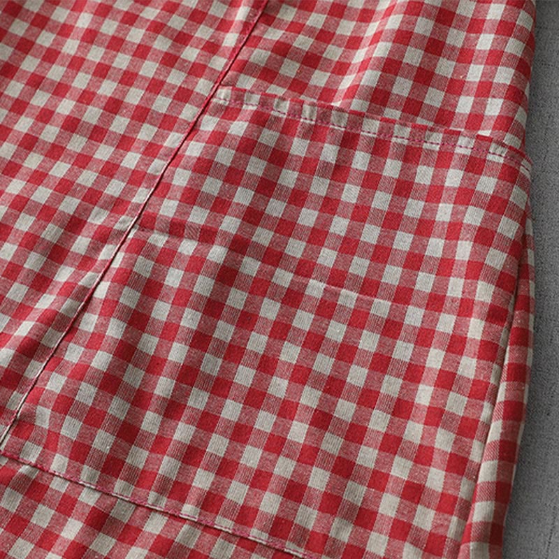 Buddha Stones Lässiges Midikleid aus Baumwolle mit Vintage-Karomuster, Revers und kurzen Ärmeln und Taschen - image 12