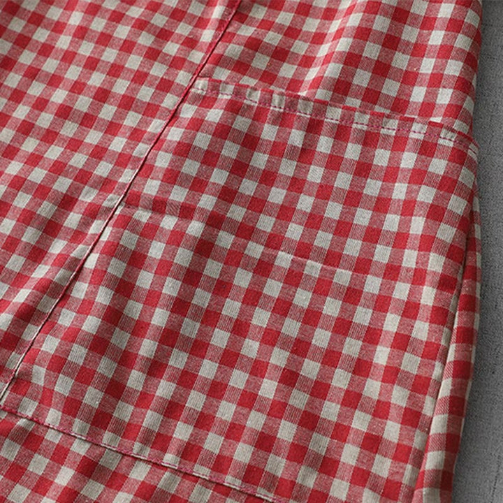 Buddha Stones Lässiges Midikleid aus Baumwolle mit Vintage-Karomuster, Revers und kurzen Ärmeln und Taschen - image 12