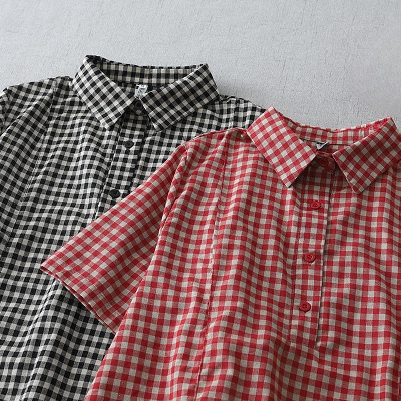 Buddha Stones Lässiges Midikleid aus Baumwolle mit Vintage-Karomuster, Revers und kurzen Ärmeln und Taschen - image 16