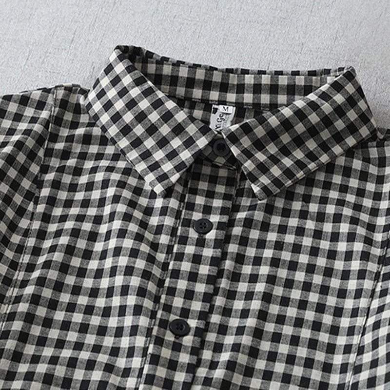 Buddha Stones Lässiges Midikleid aus Baumwolle mit Vintage-Karomuster, Revers und kurzen Ärmeln und Taschen - image 2