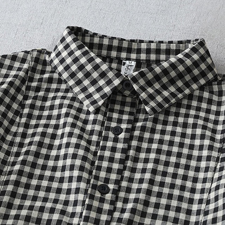 Buddha Stones Lässiges Midikleid aus Baumwolle mit Vintage-Karomuster, Revers und kurzen Ärmeln und Taschen - image 2