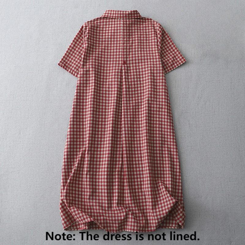 Buddha Stones Lässiges Midikleid aus Baumwolle mit Vintage-Karomuster, Revers und kurzen Ärmeln und Taschen - image 7