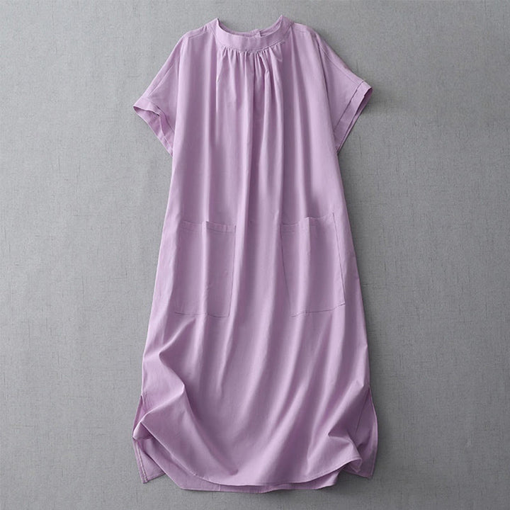 Buddha Stones Lässiges, einfarbiges Midikleid aus Baumwolle und Leinen mit Knöpfen auf der Rückseite, Rundhalsausschnitt, kurzärmliges Kleid mit Taschen