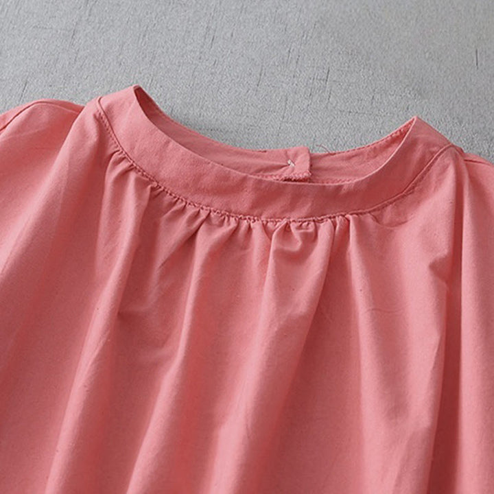 Buddha Stones Lässiges, einfarbiges Midikleid aus Baumwoll-Leinen-Mischgewebe mit Rückenknopfverschluss, Rundhalsausschnitt, kurzen Ärmeln und Taschen - image 7