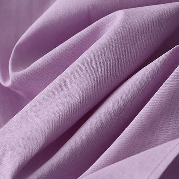 Buddha Stones Lässiges, einfarbiges Midikleid aus Baumwolle und Leinen mit Knöpfen auf der Rückseite, Rundhalsausschnitt, kurzärmliges Kleid mit Taschen