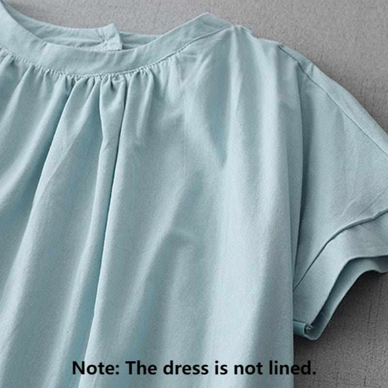 Buddha Stones Lässiges, einfarbiges Midikleid aus Baumwolle und Leinen mit Knöpfen auf der Rückseite, Rundhalsausschnitt, kurzärmliges Kleid mit Taschen - image 1