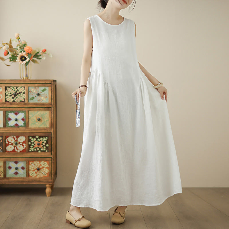 Buddha Stones FloralWhite Lässiges, ärmelloses Midikleid aus Baumwolle mit Knöpfen auf der Rückseite und Taschen - image 6