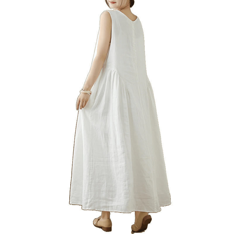 Buddha Stones FloralWhite Lässiges, ärmelloses Midikleid aus Baumwolle mit Knöpfen auf der Rückseite und Taschen - image 12
