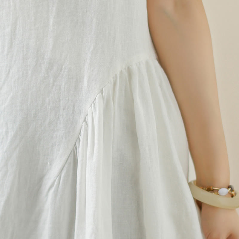 Buddha Stones FloralWhite Lässiges, ärmelloses Midikleid aus Baumwolle mit Knöpfen auf der Rückseite und Taschen - image 9