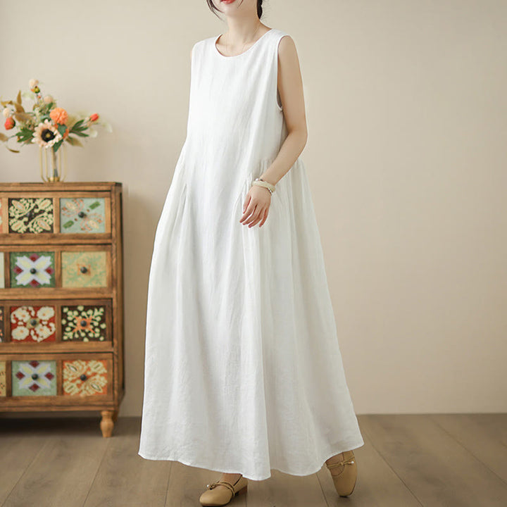 Buddha Stones FloralWhite Lässiges, ärmelloses Midikleid aus Baumwolle mit Knöpfen auf der Rückseite und Taschen - image 4