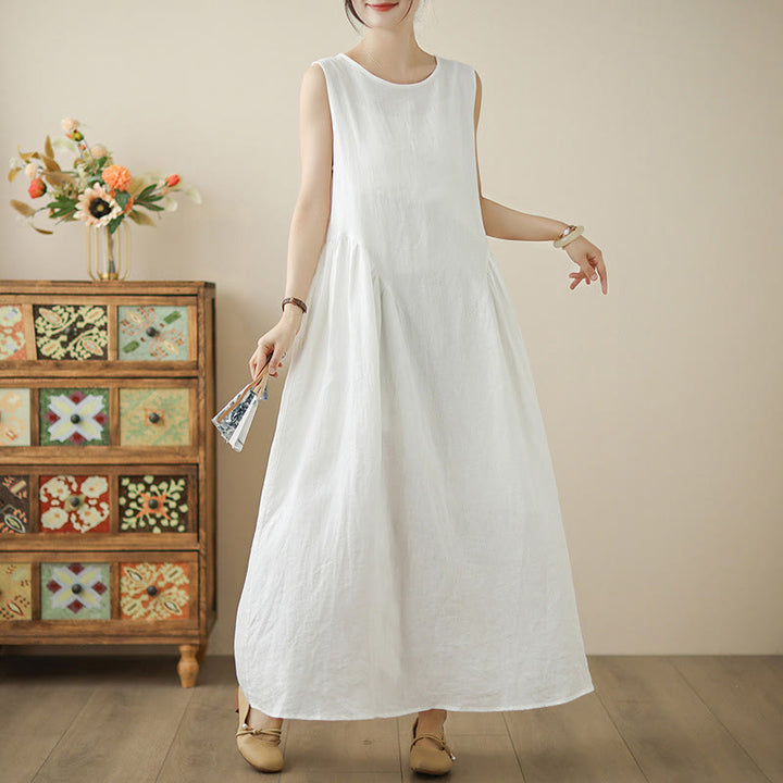 Buddha Stones FloralWhite Lässiges, ärmelloses Midikleid aus Baumwolle mit Knöpfen auf der Rückseite und Taschen - image 5