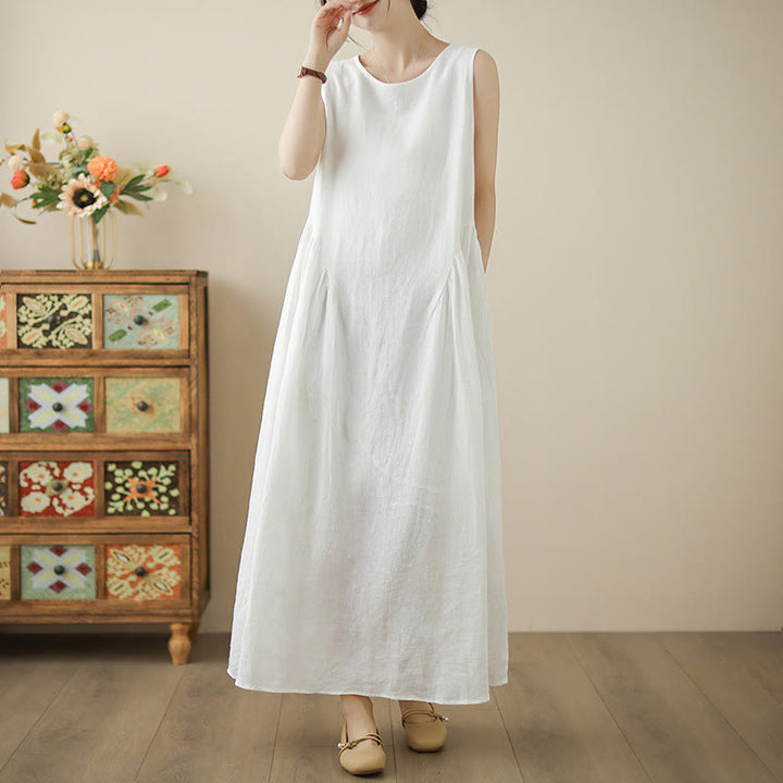 Buddha Stones FloralWhite Lässiges, ärmelloses Midikleid aus Baumwolle mit Knöpfen auf der Rückseite und Taschen - image 3