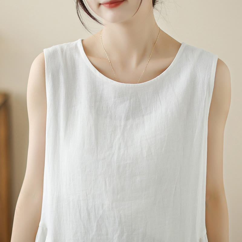 Buddha Stones FloralWhite Lässiges, ärmelloses Midikleid aus Baumwolle mit Knöpfen auf der Rückseite und Taschen - image 6