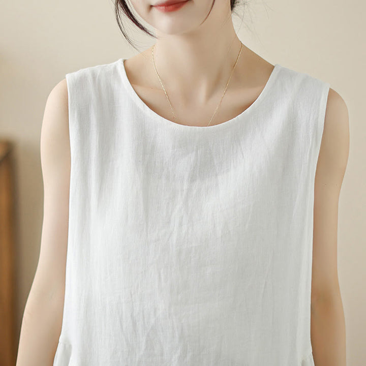 Buddha Stones FloralWhite Lässiges, ärmelloses Midikleid aus Baumwolle mit Knöpfen auf der Rückseite und Taschen - image 6