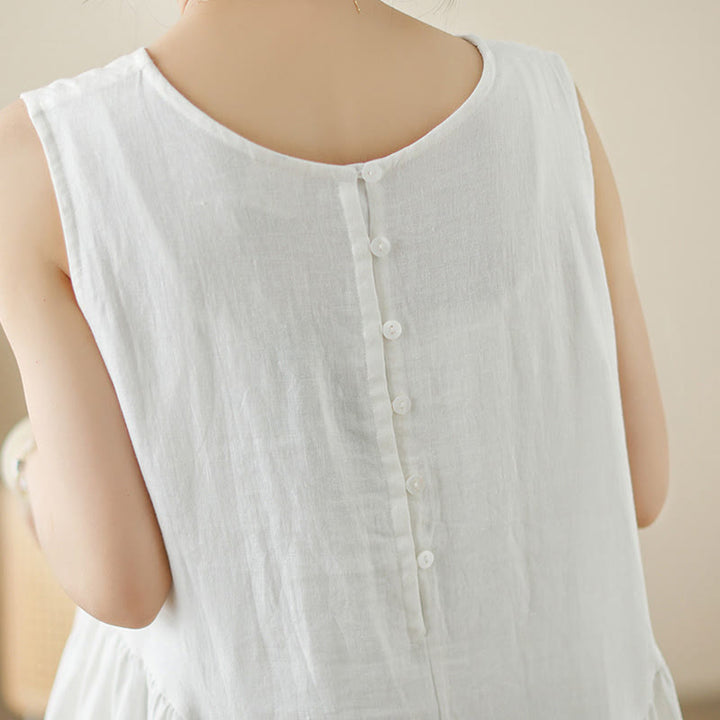 Buddha Stones FloralWhite Lässiges, ärmelloses Midikleid aus Baumwolle mit Knöpfen auf der Rückseite und Taschen - image 7