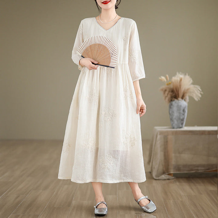 Buddha Stones – Beiges, lässiges Midikleid aus Baumwolle und Leinen mit Dreiviertelärmeln und Taschen - Beige - US8-10， UK/AU12-14，EU40-42 (2XL) - image 1