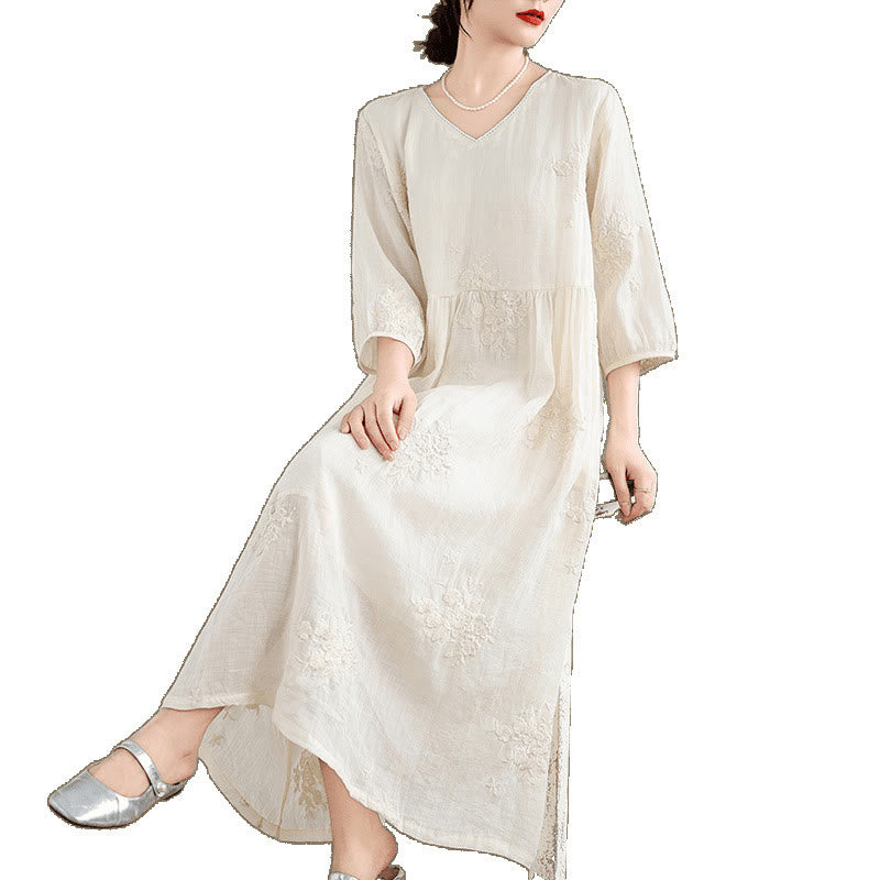 Buddha Stones – Beiges, lässiges Midikleid aus Baumwolle und Leinen mit Dreiviertelärmeln und Taschen - image 11