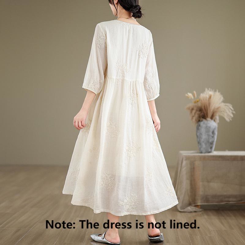 Buddha Stones – Beiges, lässiges Midikleid aus Baumwolle und Leinen mit Dreiviertelärmeln und Taschen - image 1