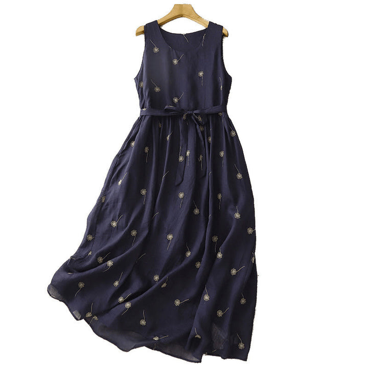 Buddha Stones MidnightBlue Printing Lace-Up Design Ärmelloses Midikleid aus Baumwolle mit Taschen - image 10