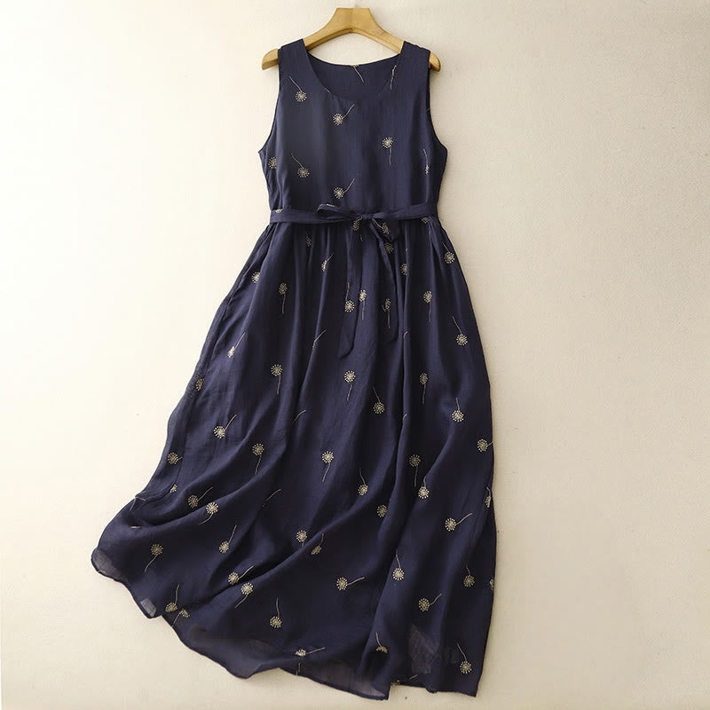Buddha Stones MidnightBlue Printing Lace-Up Design Ärmelloses Midikleid aus Baumwolle mit Taschen - Mitternachtsblau - US 8-10, UK/AU 12-14, EU 40-42 (2XL) - image 0
