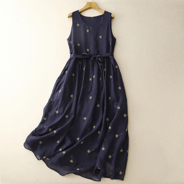 Buddha Stones MidnightBlue Printing Lace-Up Design Ärmelloses Midikleid aus Baumwolle mit Taschen - Mitternachtsblau - US 8-10, UK/AU 12-14, EU 40-42 (2XL) - image 0