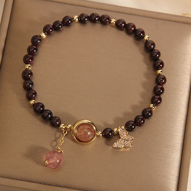 Buddha Stones Natürliches 3 mm ultradünnes Granat-Erdbeerquarz-Schmetterlings-Ruhearmband