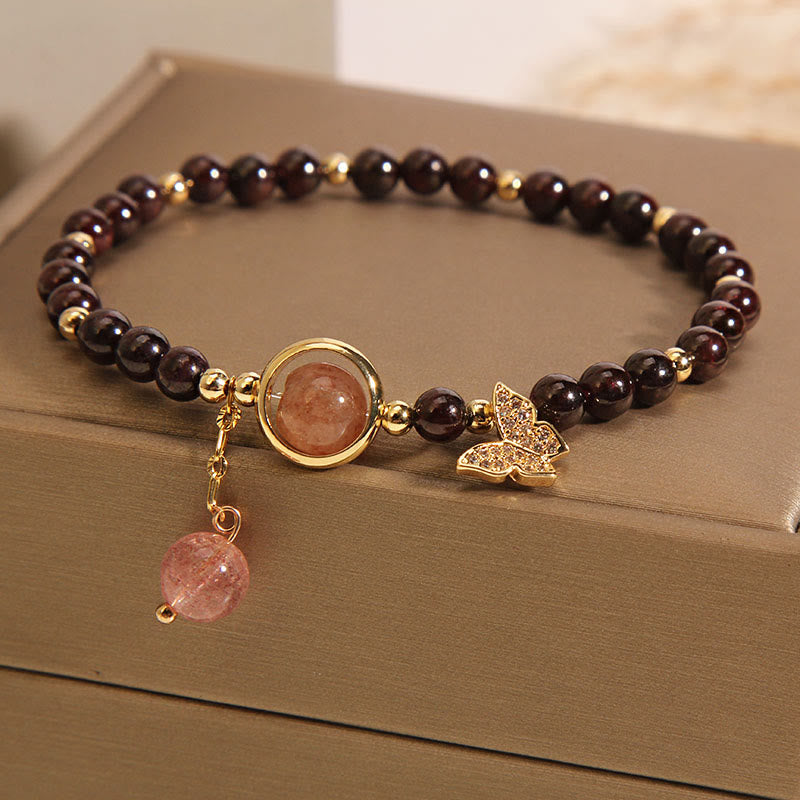 Buddha Stones Natürliches 3 mm ultradünnes Granat-Erdbeerquarz-Schmetterlings-Ruhearmband