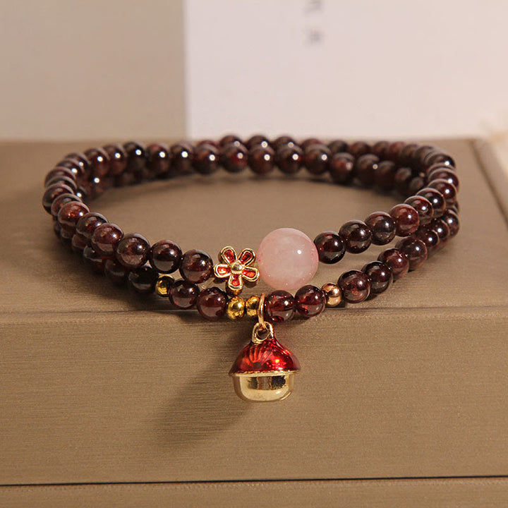 Buddha Stones Natürliches 3 mm ultradünnes Granat-Rosenquarz-Perlen-Geldbeutel-Glockenblumen-Schutzarmband