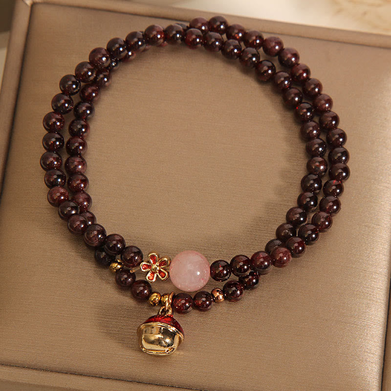 Buddha Stones Natürliches 3 mm ultradünnes Granat-Rosenquarz-Perlen-Geldbeutel-Glockenblumen-Schutzarmband