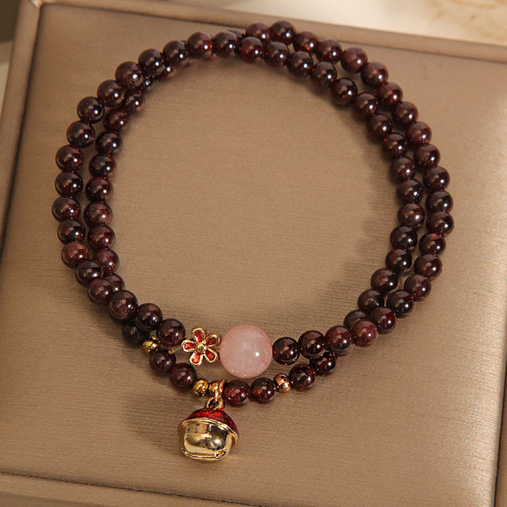 Buddha Stones Natürliches 3 mm ultradünnes Granat-Rosenquarz-Perlen-Geldbeutel-Glockenblumen-Schutzarmband