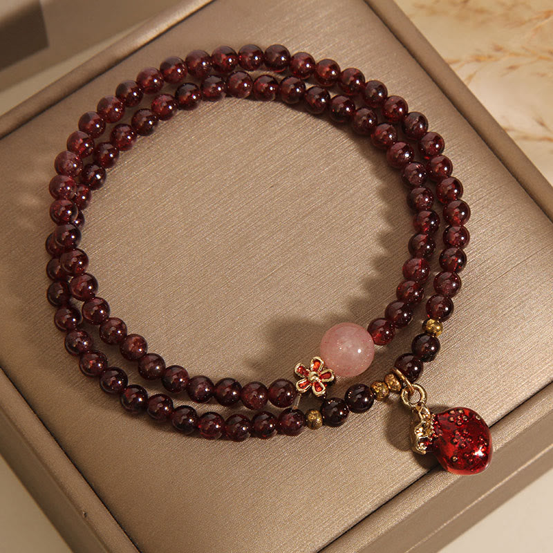 Buddha Stones Natürliches 3 mm ultradünnes Granat-Rosenquarz-Perlen-Geldbeutel-Glockenblumen-Schutzarmband