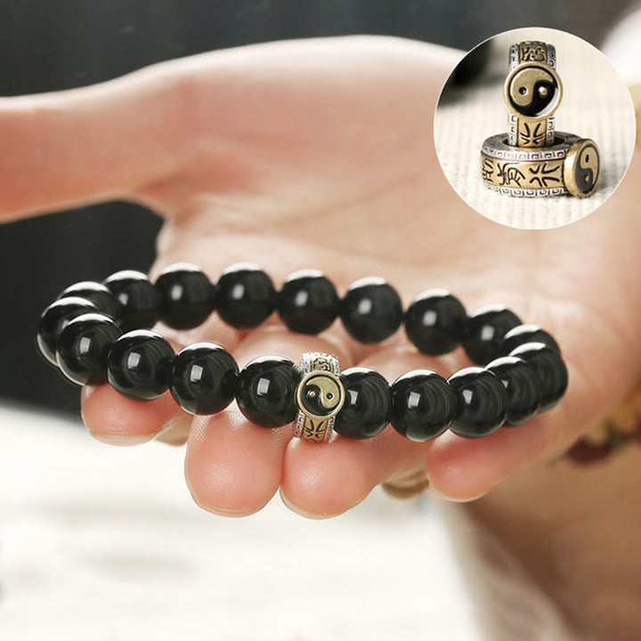 Buddha Stones Schwarzer Obsidian Yin Yang Neun-Zeichen-Mantra Erfüllungsarmband