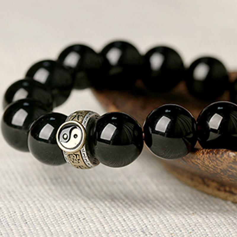 Buddha Stones Schwarzer Obsidian Yin Yang Neun-Zeichen-Mantra Erfüllungsarmband