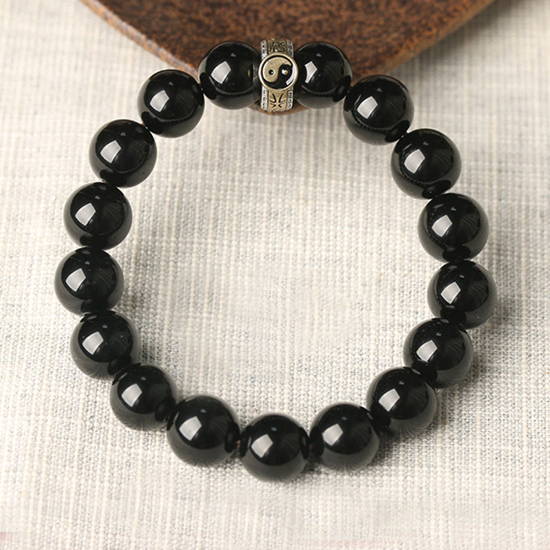 Buddha Stones Schwarzer Obsidian Yin Yang Neun-Zeichen-Mantra Erfüllungsarmband