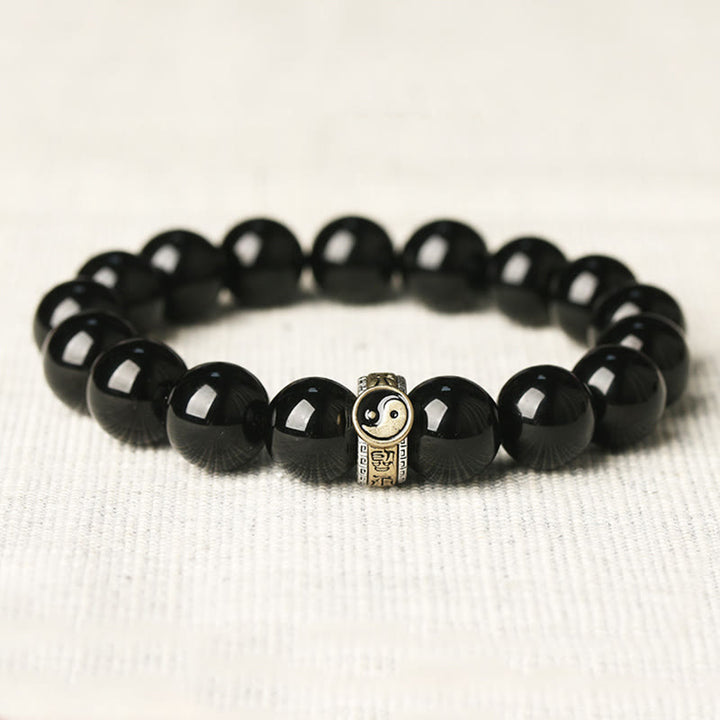 Buddha Stones Schwarzer Obsidian Yin Yang Neun-Zeichen-Mantra Erfüllungsarmband