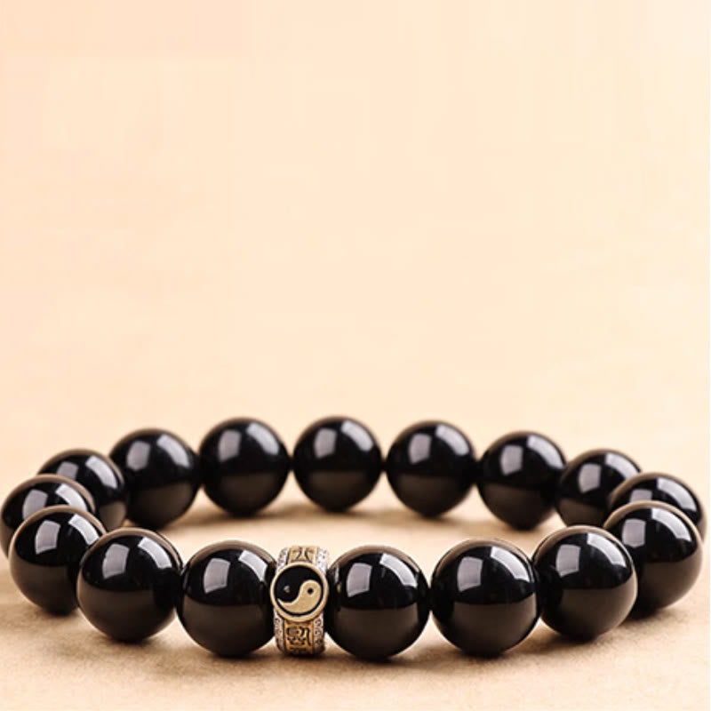 Buddha Stones Schwarzer Obsidian Yin Yang Neun-Zeichen-Mantra Erfüllungsarmband