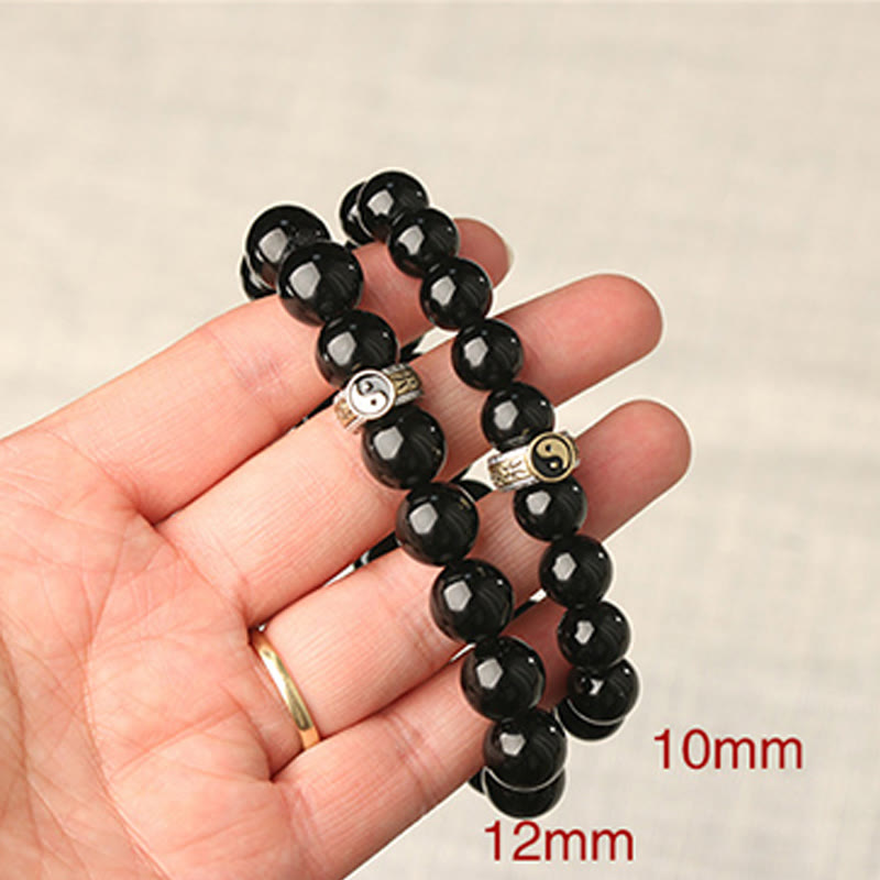 Buddha Stones Schwarzer Obsidian Yin Yang Neun-Zeichen-Mantra Erfüllungsarmband