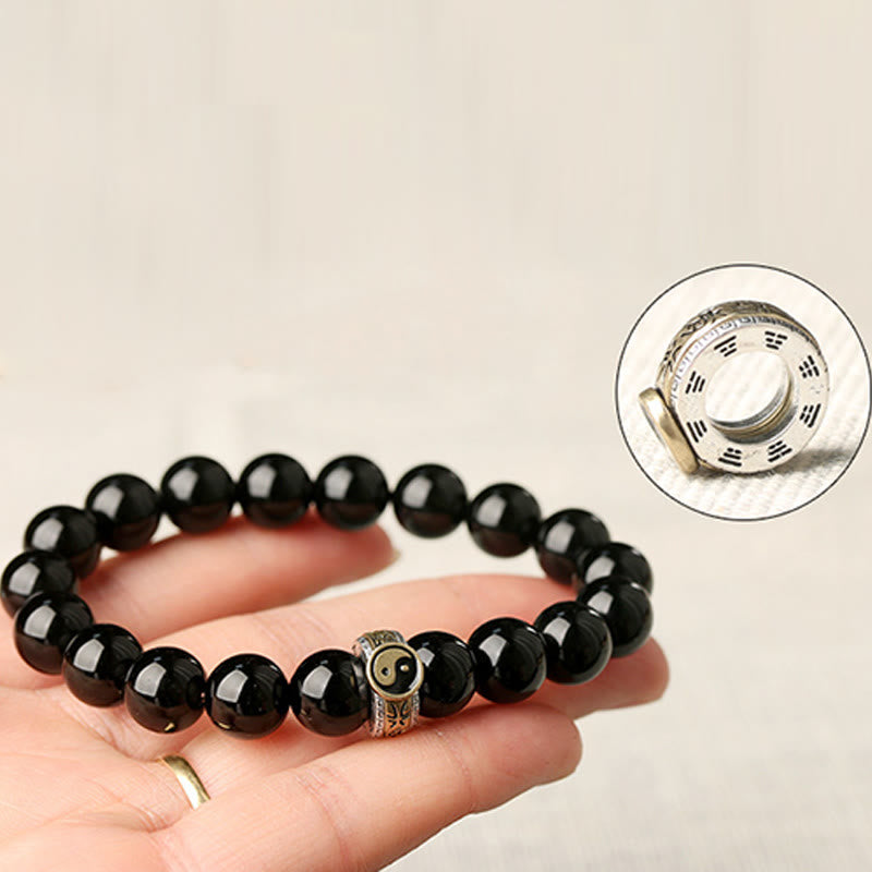 Buddha Stones Schwarzer Obsidian Yin Yang Neun-Zeichen-Mantra Erfüllungsarmband